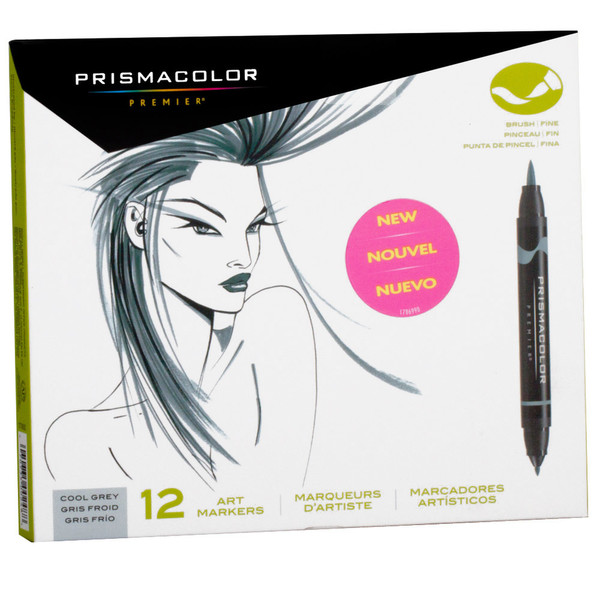 Prismacolor Premier Brush|Fine Cool Grey set Тонкий кистевидный наконечник Черный, Серый 12шт маркер