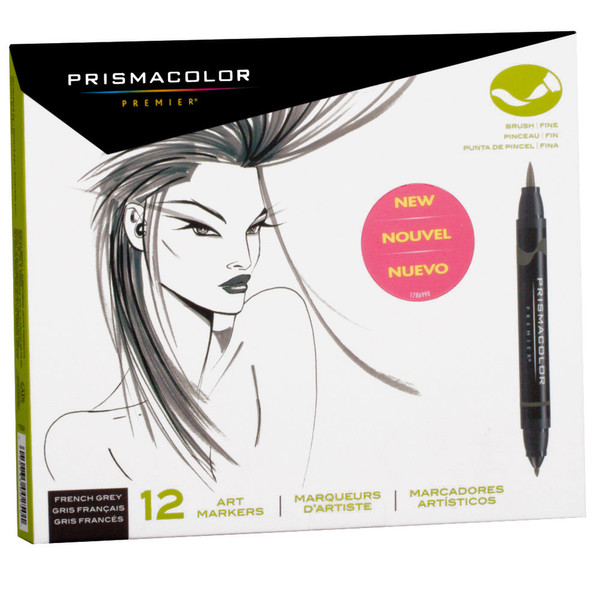 Prismacolor Premier Brush|Fine French Grey set Тонкий кистевидный наконечник Черный, Серый 12шт маркер