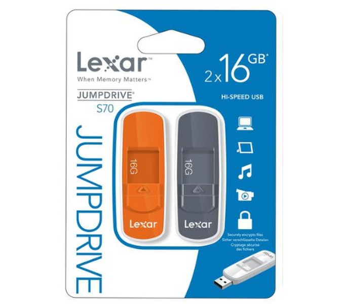 Lexar JumpDrive S70 16ГБ USB 2.0 Type-A Серый, Оранжевый USB флеш накопитель