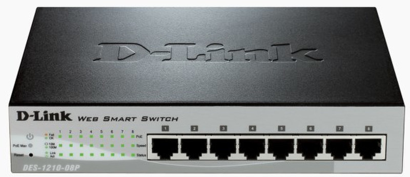 D-Link DES-1210-08P Неуправляемый L2 Fast Ethernet (10/100) Power over Ethernet (PoE) Черный, Cеребряный