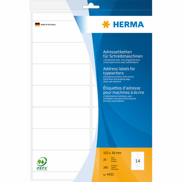 HERMA Address labels for typewriters A4 102x38 mm paper matt round corners 280 pcs.