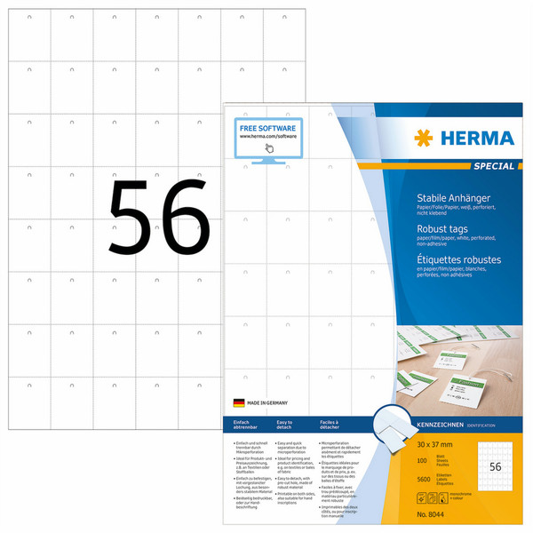 HERMA Robust tags A4 30x37 mm white paper/film/paper perforated non-adhesive 5600 pcs.
