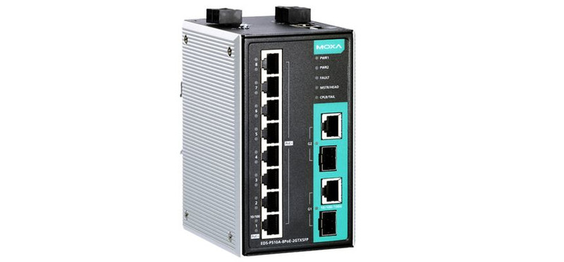 Moxa EDS-P510A-8POE-2GTXSFP-T ungemanaged Fast Ethernet (10/100) Energie Über Ethernet (PoE) Unterstützung 4U Schwarz, Grau Netzwerk-Switch