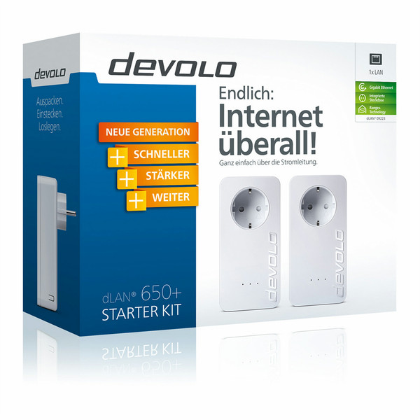 Devolo dLAN 650+ Starter Kit 600Mbit/s Eingebauter Ethernet-Anschluss Weiß 2Stück(e) PowerLine Netzwerkadapter