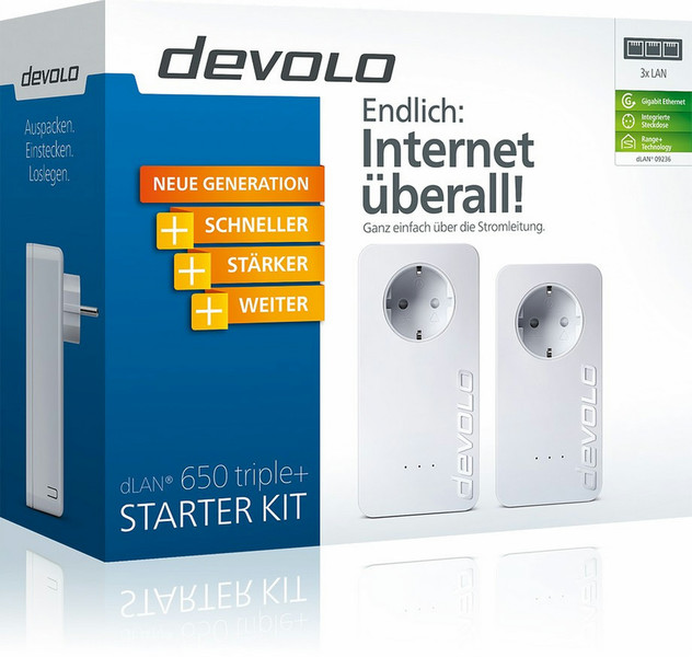 Devolo dLAN 650 triple+ Starter Kit 600Mbit/s Ethernet LAN White 2pc(s) PowerLine network adapter