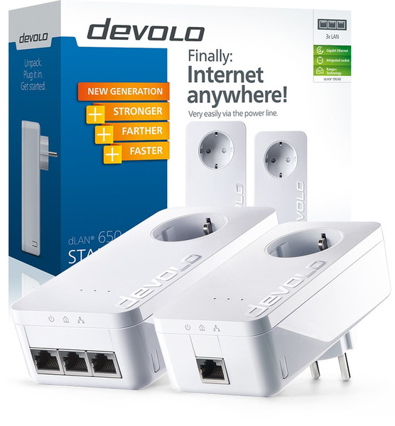 Devolo dLAN 650 triple+ Starter Kit 600Mbit/s Eingebauter Ethernet-Anschluss Weiß 2Stück(e) PowerLine Netzwerkadapter
