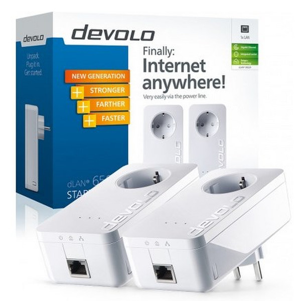 Devolo DdLAN 650+ Starter Kit 600Mbit/s Eingebauter Ethernet-Anschluss Weiß PowerLine Netzwerkadapter