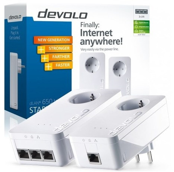 Devolo dLAN 650 triple+ Starter Kit 600Mbit/s Ethernet LAN White 2pc(s) PowerLine network adapter