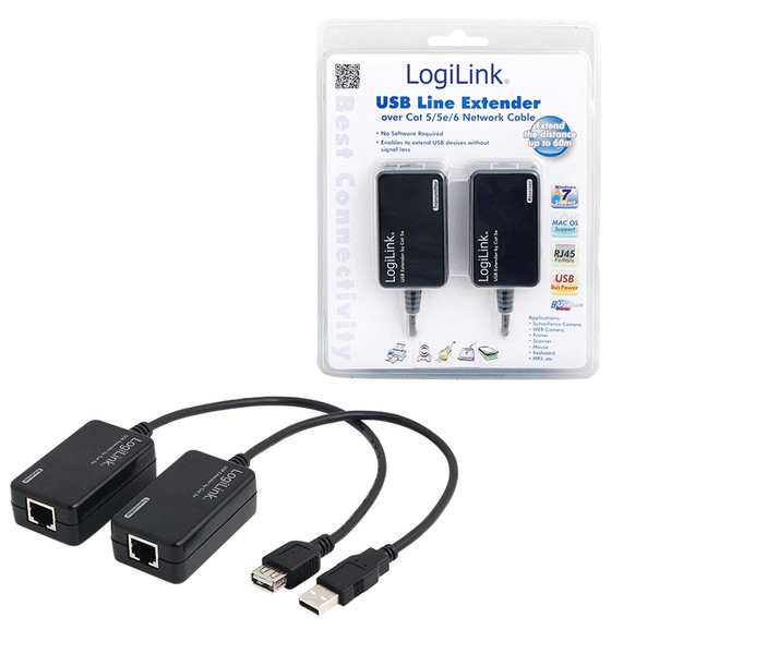 LogiLink Line Extender USB via CAT5/6 USB A USB A Schwarz Kabelschnittstellen-/adapter