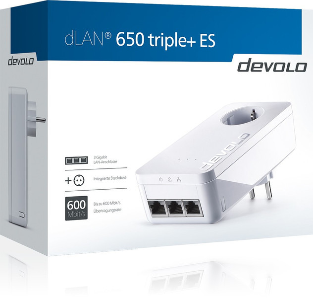 Devolo dLAN 650 triple+ ES 600Mbit/s Eingebauter Ethernet-Anschluss Weiß 1Stück(e) PowerLine Netzwerkadapter