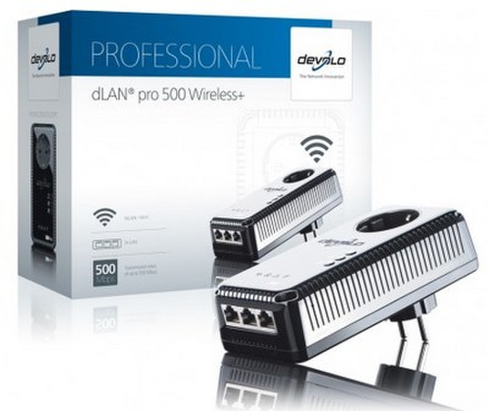 Devolo dLAN pro 500 Wireless+ Single Adapter 500Mbit/s Eingebauter Ethernet-Anschluss WLAN Schwarz, Silber 1Stück(e) PowerLine Netzwerkadapter