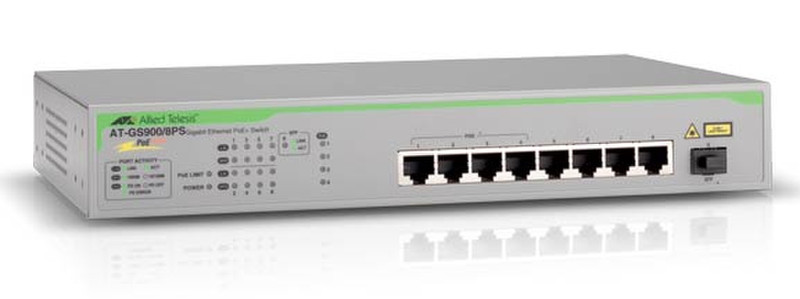 Allied Telesis AT-GS900/8PS Неуправляемый Gigabit Ethernet (10/100/1000) Power over Ethernet (PoE) 19U Серый сетевой коммутатор