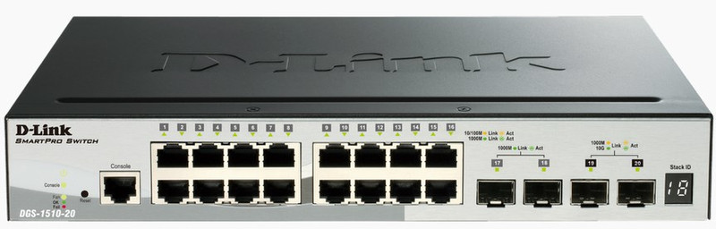 D-Link DGS-1510-20 Управляемый L3 Gigabit Ethernet (10/100/1000) Черный сетевой коммутатор