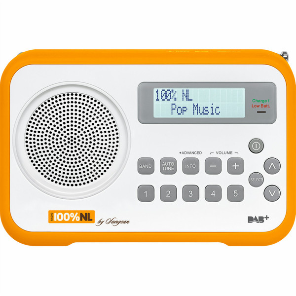 Sangean 100% NL Портативный Цифровой Оранжевый, Белый радиоприемник