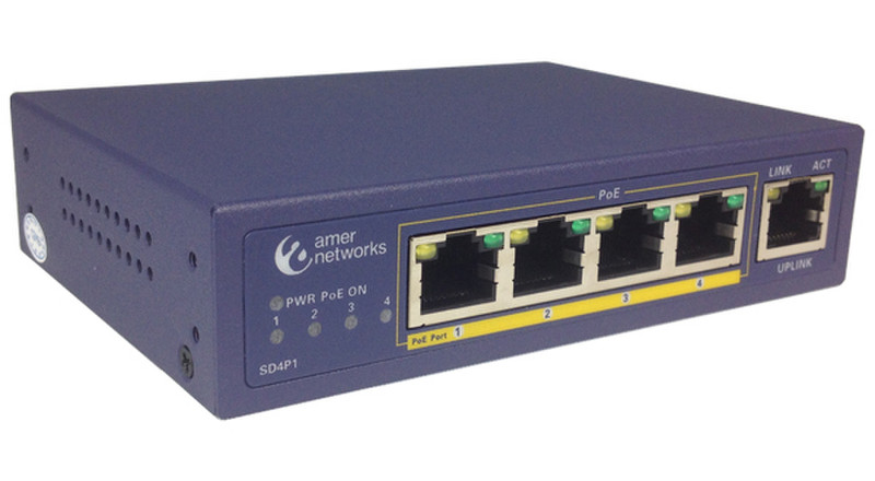 Amer Networks SD4P1 Unmanaged L2 Fast Ethernet (10/100) Power over Ethernet (PoE) Blue network switch