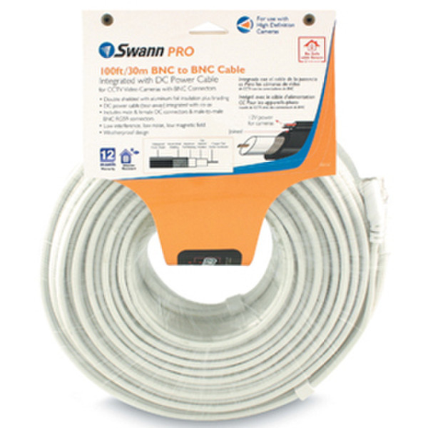 Swann 100ft (30m) BNC - BNC Cable (Siamese) 30m White power cable