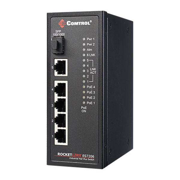 Comtrol RocketLinx ® ES7206-XT Неуправляемый Gigabit Ethernet (10/100/1000) Power over Ethernet (PoE) Черный