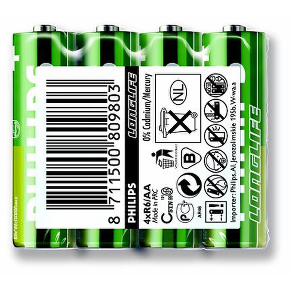Philips LongLife AA Угольно-цинковой 1.5В батарейки