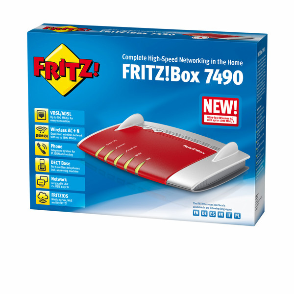 AVM FRITZ!Box 7490 A/CH Dual-band (2.4 GHz / 5 GHz) Gigabit Ethernet 3G Красный, Cеребряный wireless router
