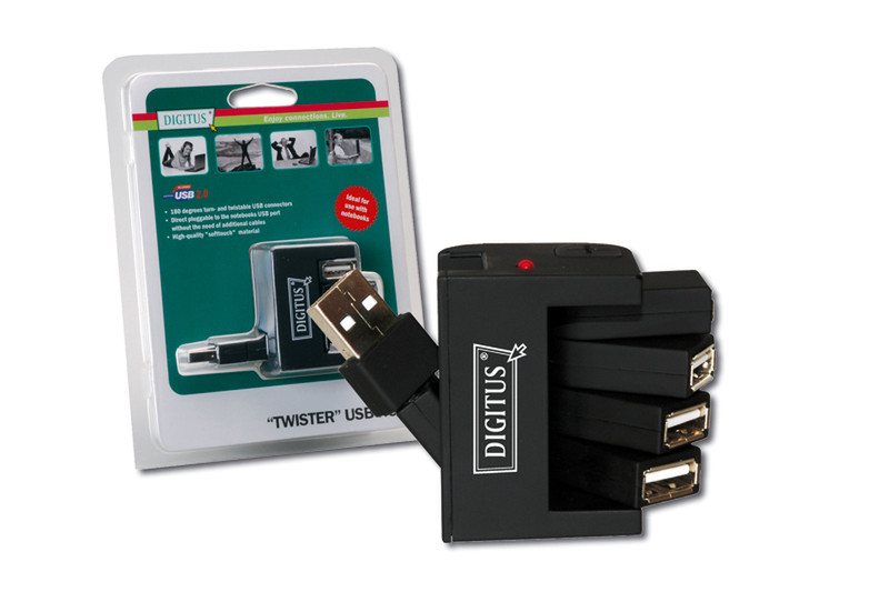 Digitus USB 2.0 Swivel Hub 4-Port 480Мбит/с Черный хаб-разветвитель