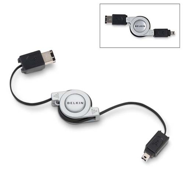 Belkin Retractable 6-Pin -> 4-Pin FireWire Cable, 2.6 feet 0.8м Черный FireWire кабель