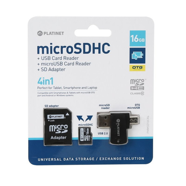 Platinet 16GB MicroSDHC + card reader + otg + adapter 16ГБ MicroSD карта памяти