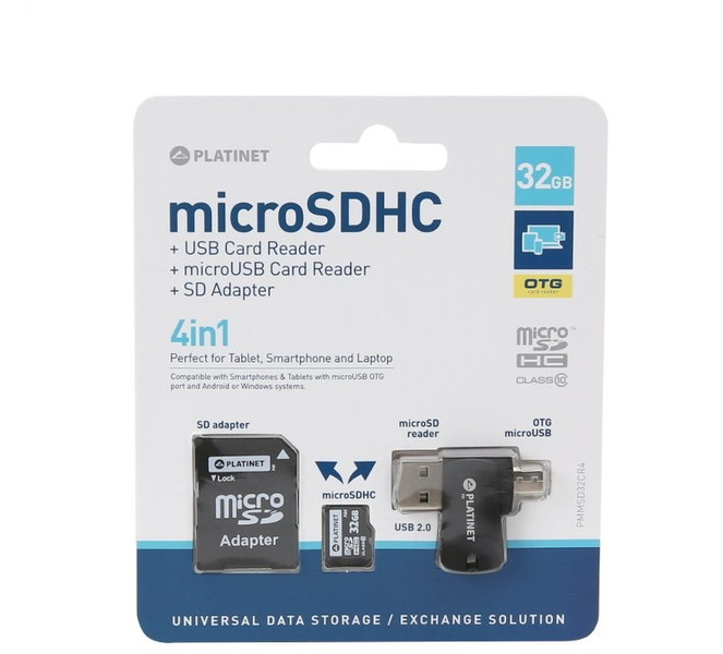 Platinet 32GB MicroSDHC + card reader + otg + adapter 32ГБ MicroSD карта памяти