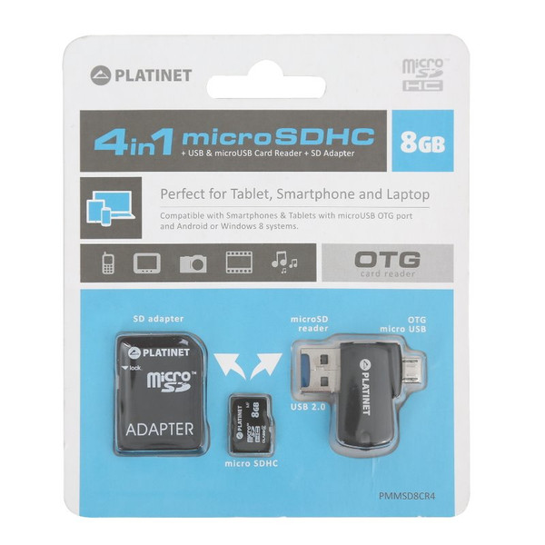 Platinet 8GB MicroSD + card reader + otg + adapter 8ГБ MicroSD карта памяти