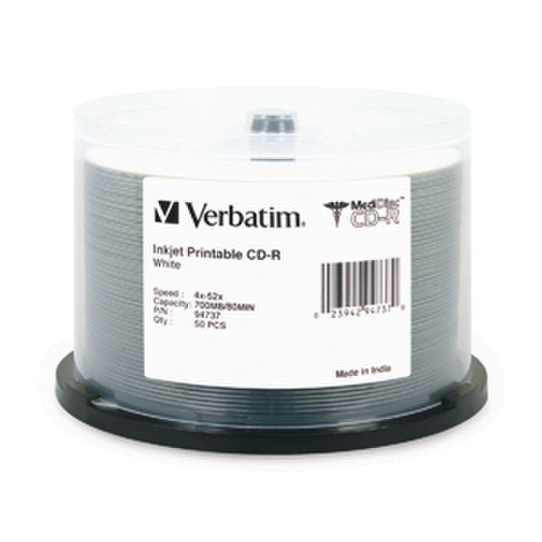 Verbatim MediDisc CD-R 80MIN 700MB 52X White Inkjet Printable 50pk Spindle CD-R 700MB 50pc(s)