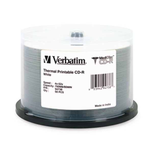 Verbatim MediDisc CD-R 80MIN 700MB 52X White Thermal Printable 50pk Spindle CD-R 700MB 50pc(s)