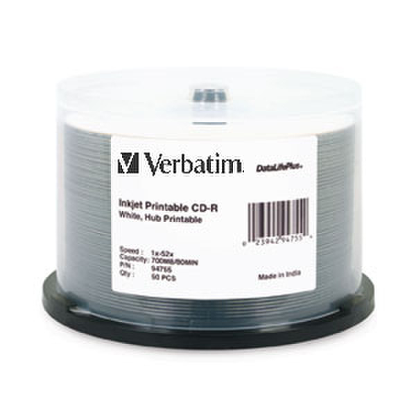 Verbatim CD-R 80MIN 700MB 52X DataLifePlus White Inkjet, Hub Printable 50pk Spindle CD-R 700MB 50pc(s)