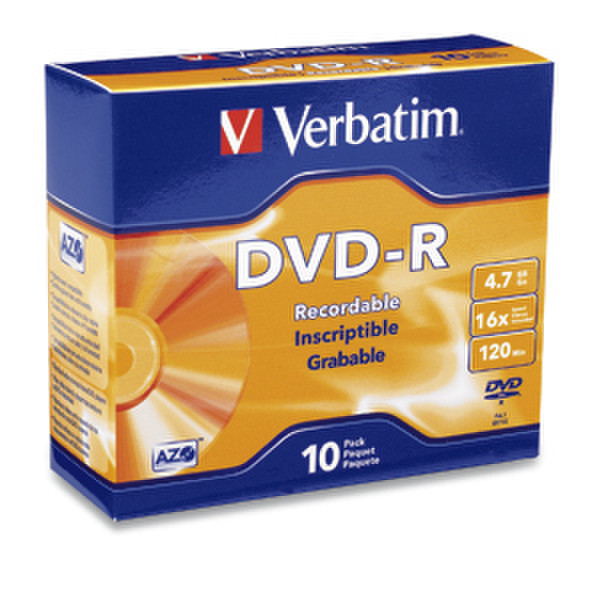 Verbatim DVD-R 4.7GB 16X Branded 10pk Slim Case 4.7GB DVD-R 10pc(s)