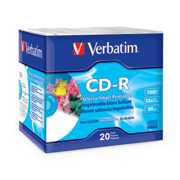 Verbatim CD-R 80MIN 700MB 52X Glossy White Inkjet Printable 20pk Slim Case CD-R 700MB 20pc(s)