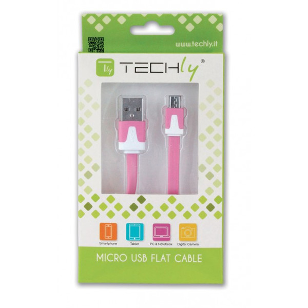Techly Flat Cable USB AM to Micro USB M Pink 1 m ICOC MUSB-A-FLR