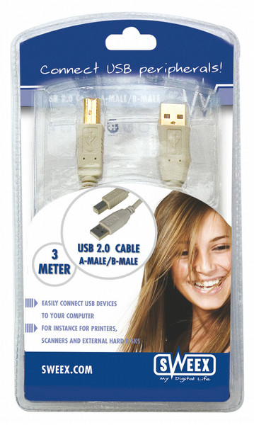 Sweex USB 2.0 Cable - 3m 3м USB A USB B Серый кабель USB