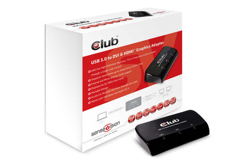 CLUB3D SenseVision USB3.0 to DVI-I & HDMI Graphics Adapter USB графический адаптер