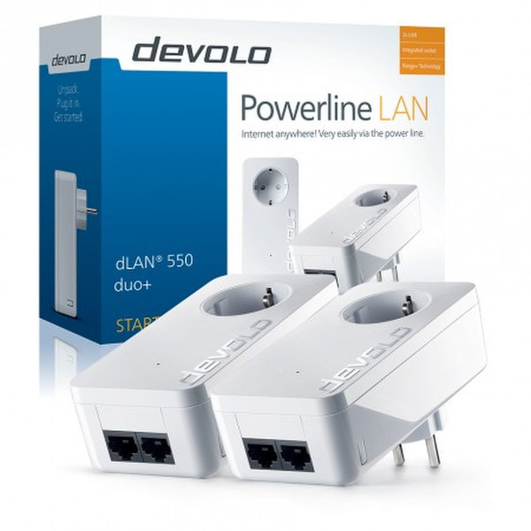 Devolo dLAN 550 duo+ Starter Kit 500Mbit/s Eingebauter Ethernet-Anschluss Weiß 2Stück(e) PowerLine Netzwerkadapter