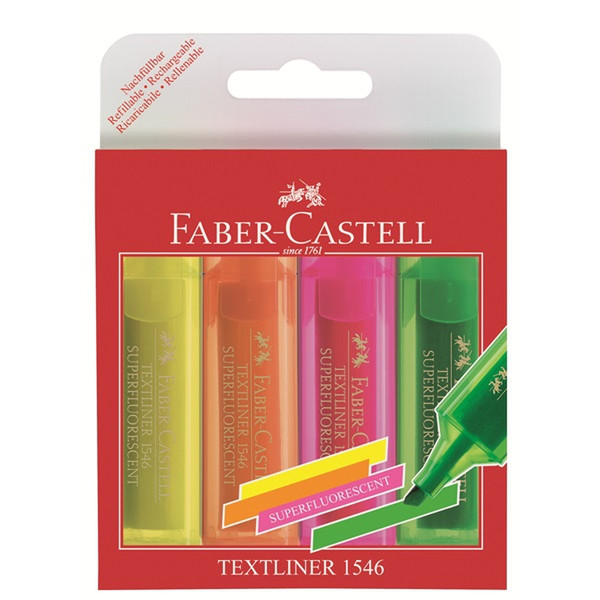 Faber-Castell TEXTLINER 1546 Скошенный наконечник Оранжевый, Розовый, Зеленый, Желтый 4шт маркер