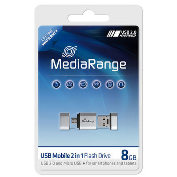 MediaRange 8GB USB Mobile 2 in 1 OTG 8ГБ USB 2.0/Micro-USB Cеребряный USB флеш накопитель