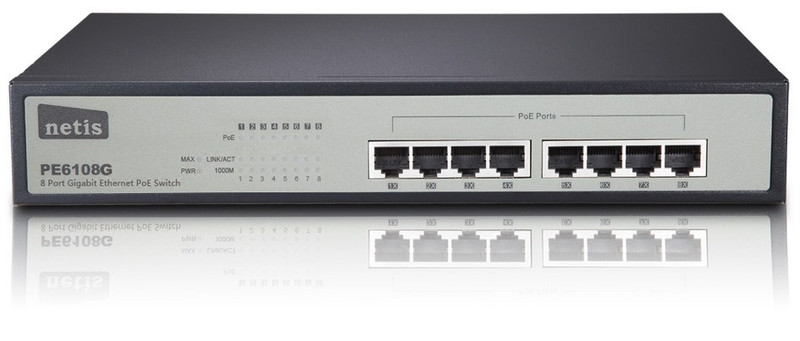 Netis System PE6108G Unmanaged Gigabit Ethernet (10/100/1000) Power over Ethernet (PoE) Black network switch