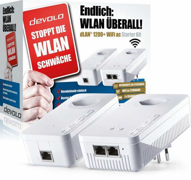 Devolo dLAN 1200+ WiFi ac 1200Mbit/s Eingebauter Ethernet-Anschluss WLAN Weiß 2Stück(e) PowerLine Netzwerkadapter