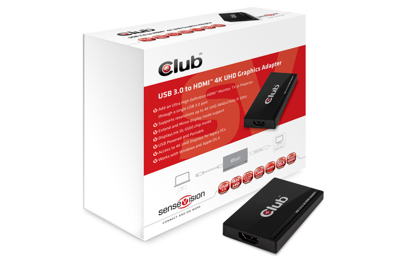 CLUB3D SenseVision USB 3.0 to HDMI 4K Graphics Adapter 3840 x 2160pixels USB graphics adapter