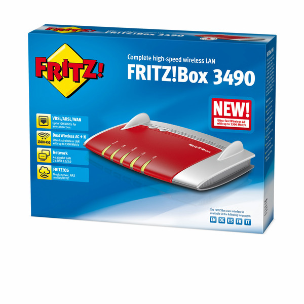 AVM FRITZ!Box 3490 International Dual-Band (2,4 GHz/5 GHz) Gigabit Ethernet Rot, Weiß WLAN-Router