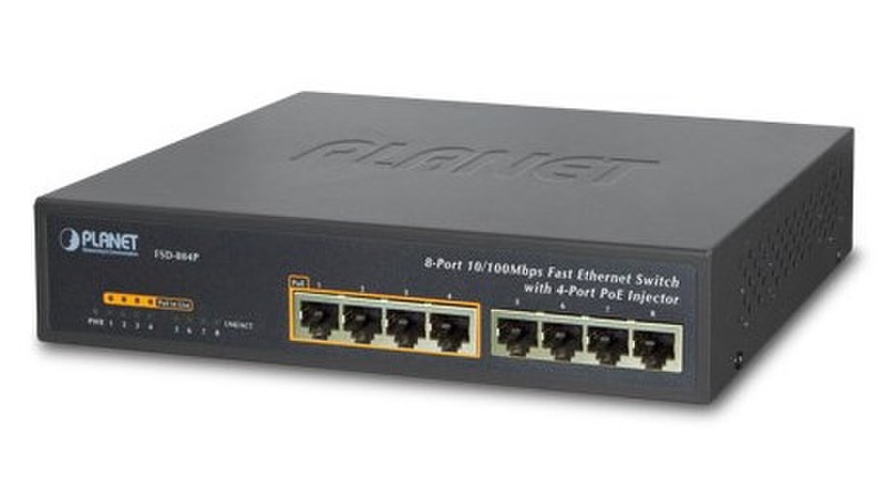 Planet FSD-804P Unmanaged network switch Fast Ethernet (10/100) Energie Über Ethernet (PoE) Unterstützung 1U Schwarz Netzwerk-Switch