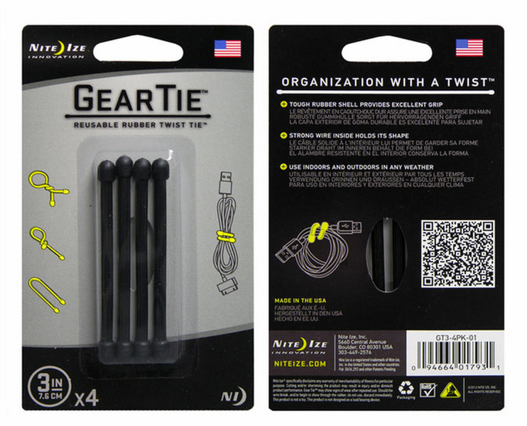Nite Ize Gear Tie Прорезиненный Черный 4шт стяжка для кабелей