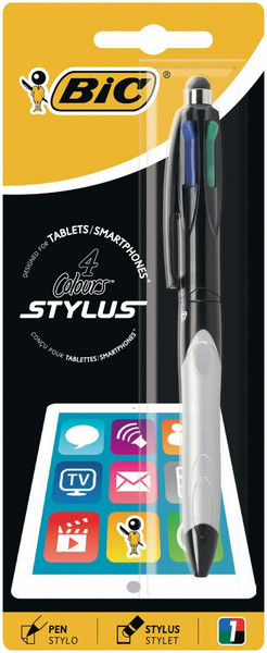 BIC 4 colours balpen en Stylus 2 in 1, verpakt op blister Clip-on retractable ballpoint pen Black,Blue,Green,Red 1pc(s)