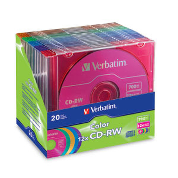 Verbatim CD-RW 80MIN 700MB 12X Color 20pk Matching Color Slim Cases CD-RW 700МБ 20шт