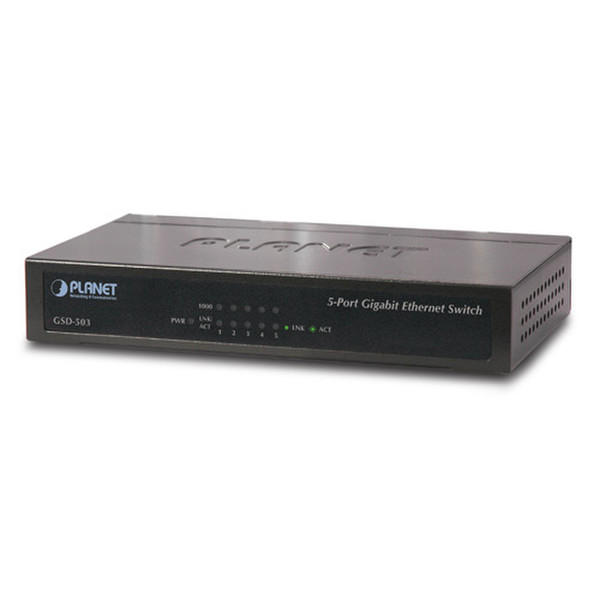 Planet GSD-503 Неуправляемый L2 Gigabit Ethernet (10/100/1000) Черный сетевой коммутатор