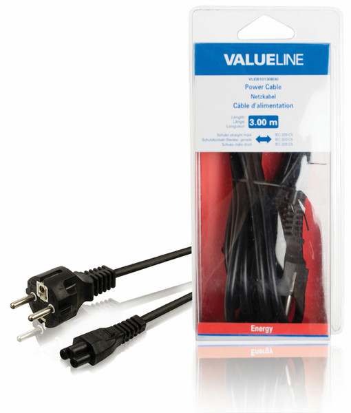 Valueline VLEB10130B30 3m Power plug type F C5 coupler Black power cable