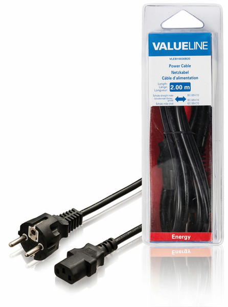 Valueline VLEB10030B20 2m Power plug type F C13 coupler Black power cable